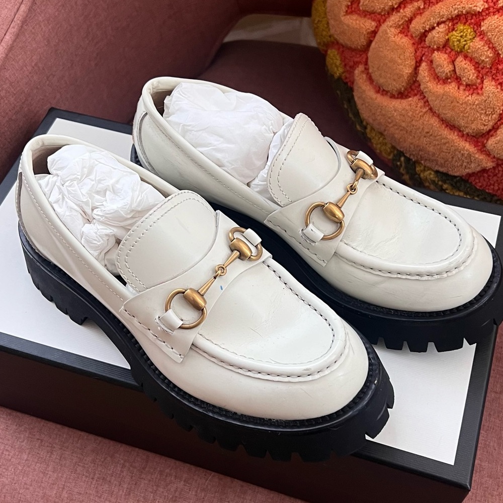 Gucci lug sole Horsebit loafer in white